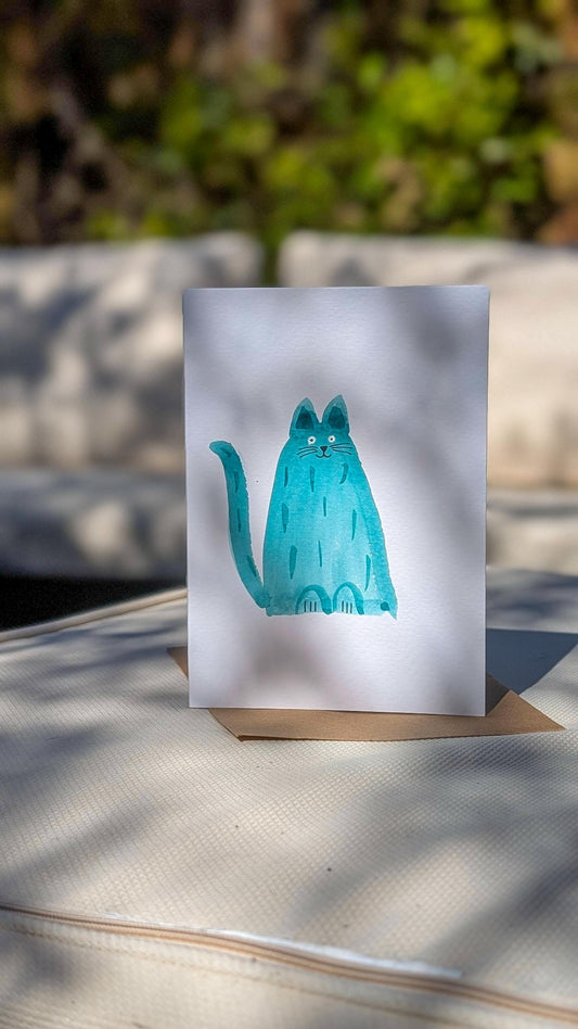 Happy Blue Cat Greetings Card – Hand-Painted Original Watercolour Card - Natalie Benson Art