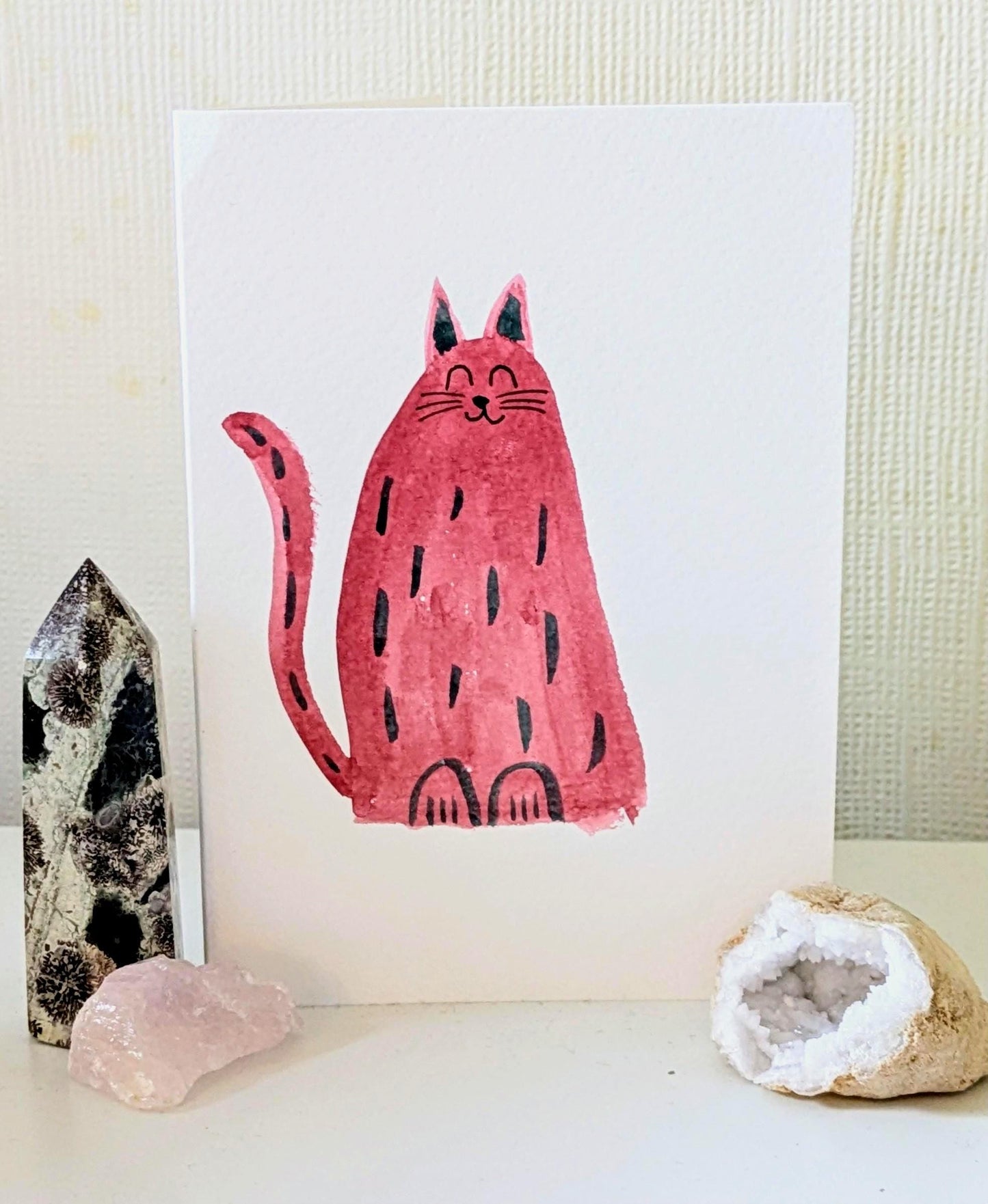 Happy Red Cat Greetings Card – Hand-Painted Original Watercolour Card - Natalie Benson Art