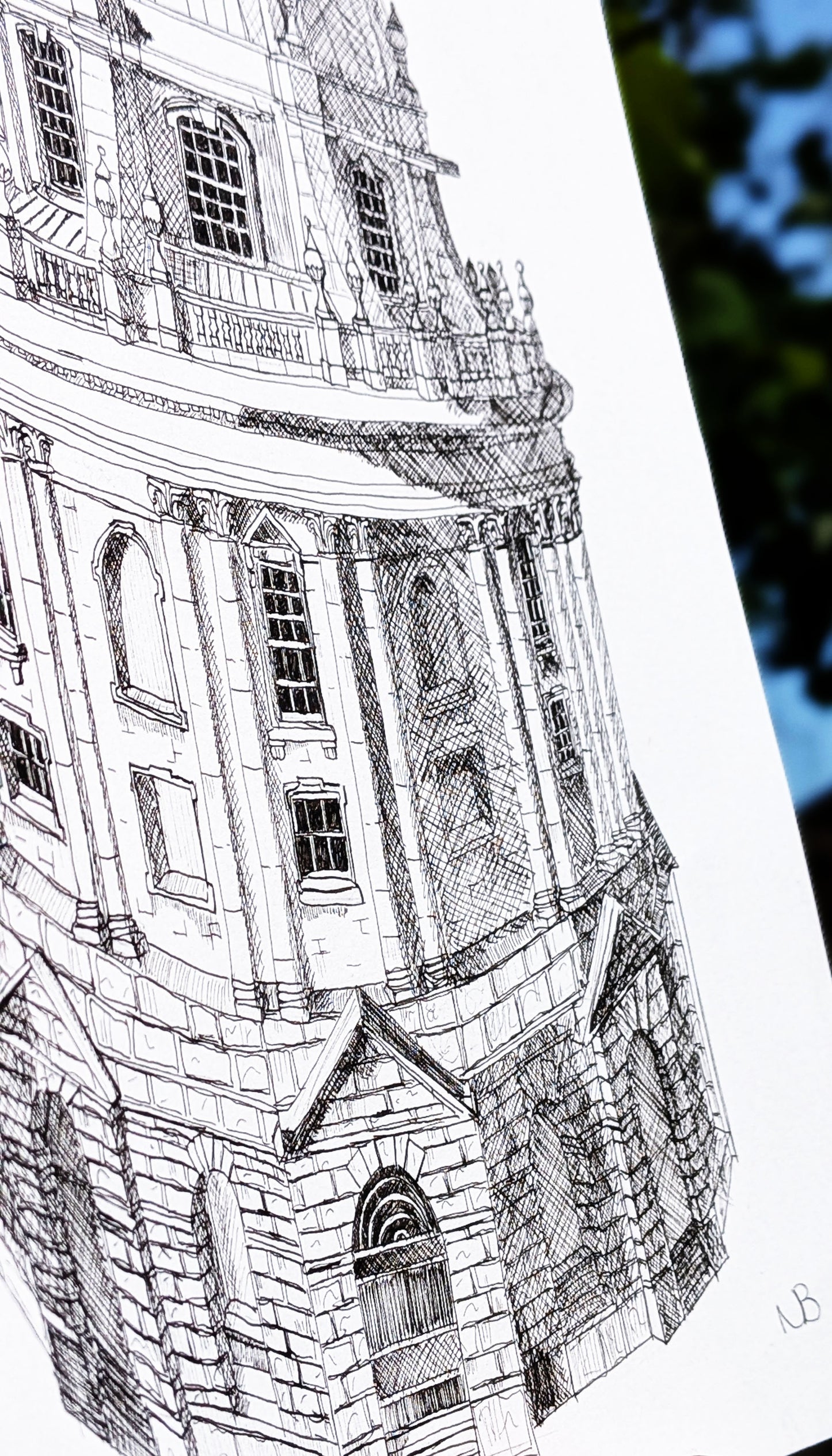 Detailed black and white line drawing of a architectural structure on a white background.