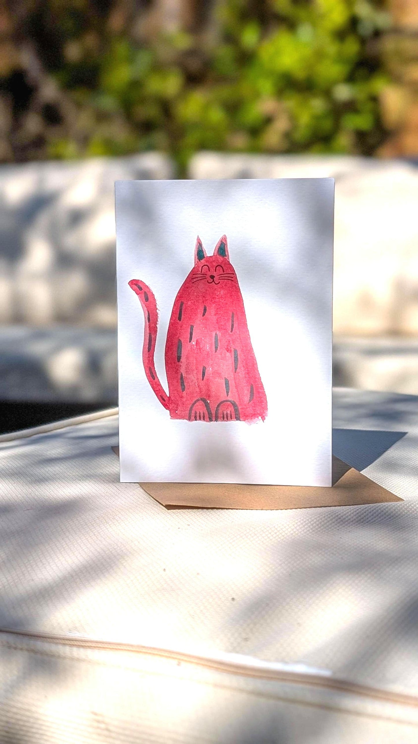 Happy Red Cat Greetings Card – Hand-Painted Original Watercolour Card - Natalie Benson Art