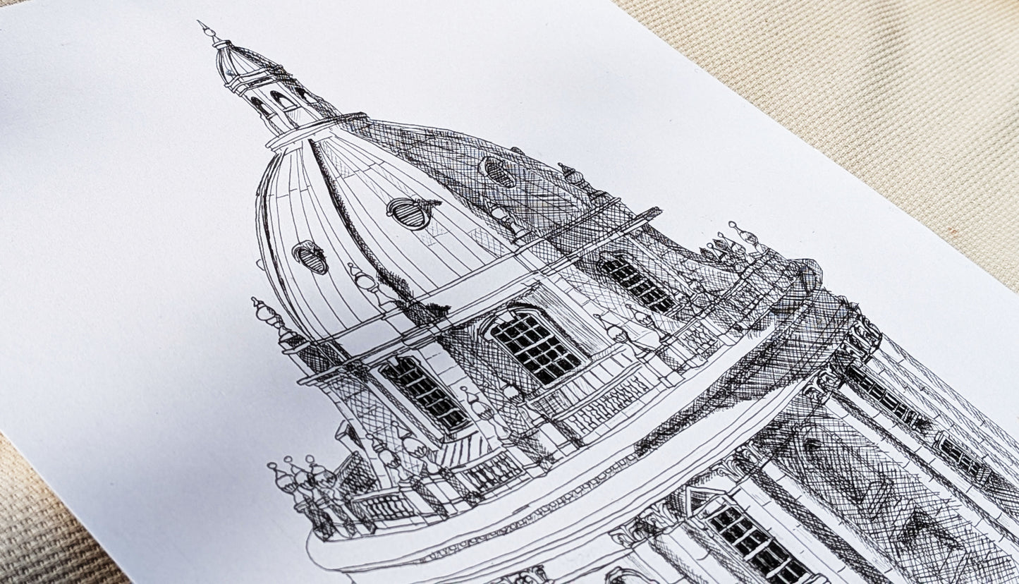 Detailed line drawing of a architectural structure on a textured surface