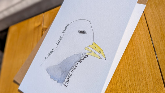 Seagull Loves Food Greetings Card - Original Hand-Painted Watercolour Card - Natalie Benson Art