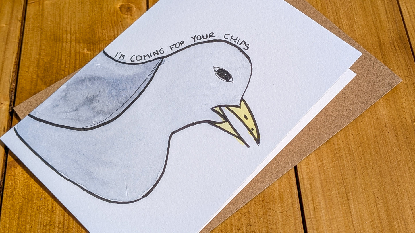 Seagull 'Chips' Greetings Card – Hand-Painted Original Watercolour Card - Natalie Benson Art