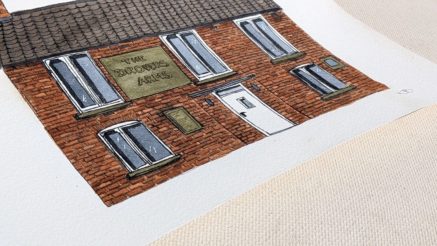 Illustration of a house with windows and a sign on a white background