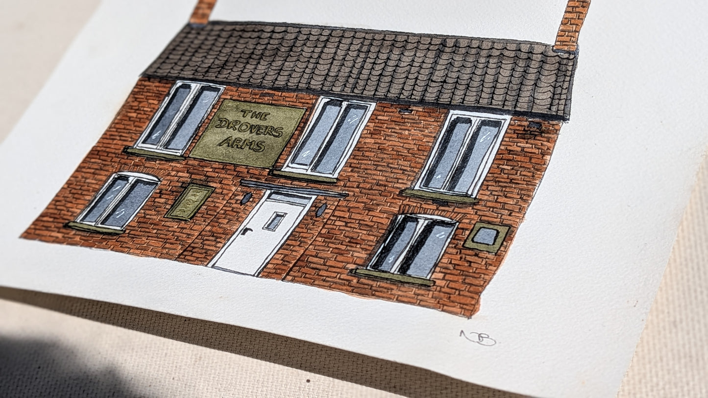 Illustration of a house with a sign reading 'The Drovers Arms' on a white background