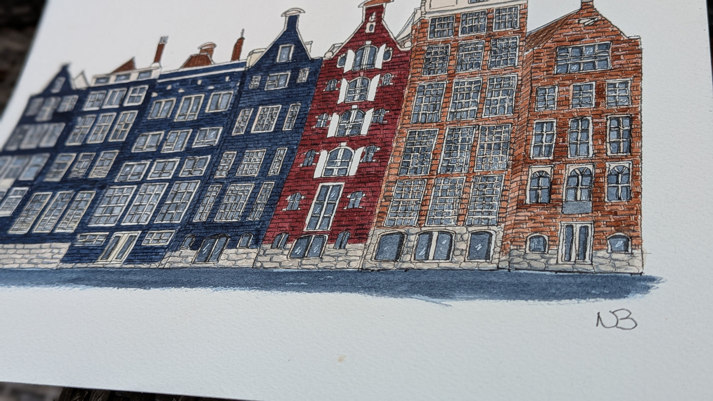 Amsterdam Street Art - Town Houses A4 Original Watercolour Painting
