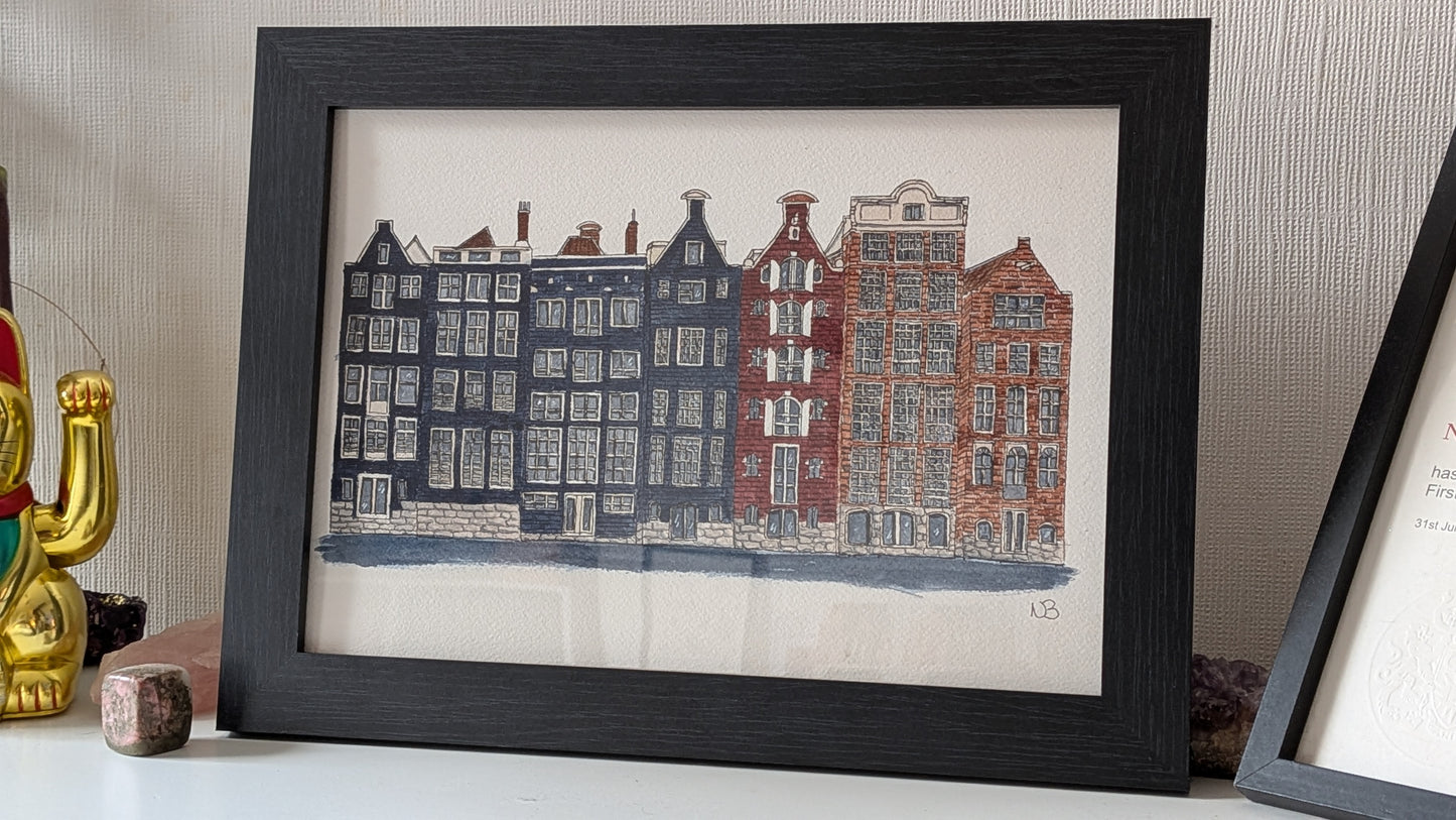 Amsterdam Street Art - Town Houses A4 Original Watercolour Painting