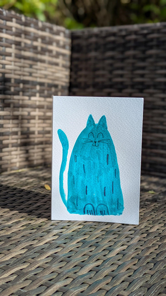 Funny Big Blue Cat Greetings Card – Hand-Painted Original Watercolour Card - Natalie Benson Art