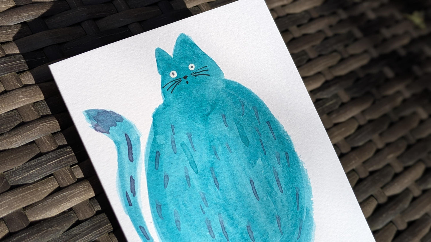 Funny Shocked Blue Cat Greetings Card – Hand-Painted Original Watercolour Card - Natalie Benson Art