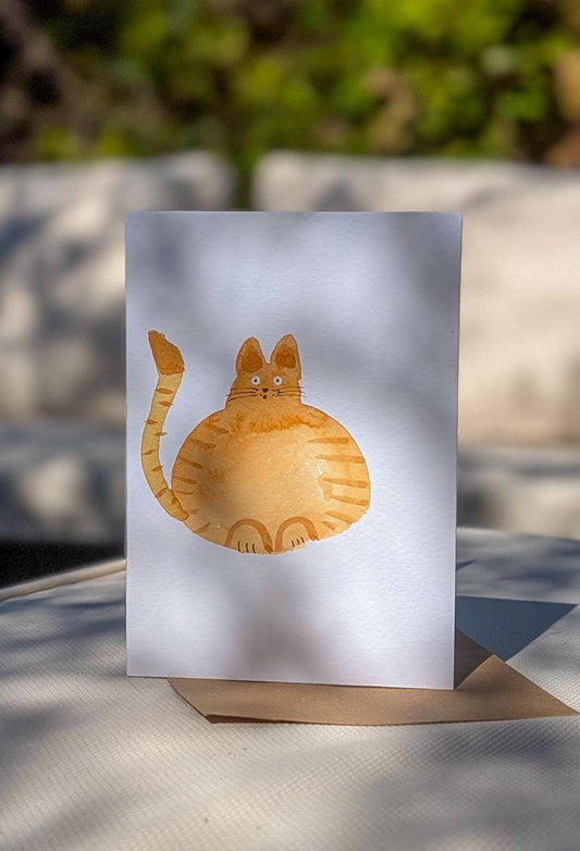 Funny Abstract Orange Cat Greetings Card – Hand-Painted Original Watercolour Card - Natalie Benson Art