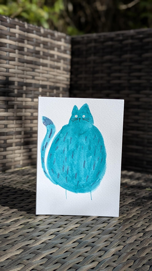 Funny Shocked Blue Cat Greetings Card – Hand-Painted Original Watercolour Card - Natalie Benson Art