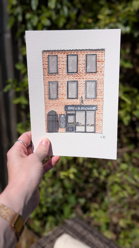 Brew and Brownie Café, York – A5 Watercolour Illustration - Natalie Benson Art