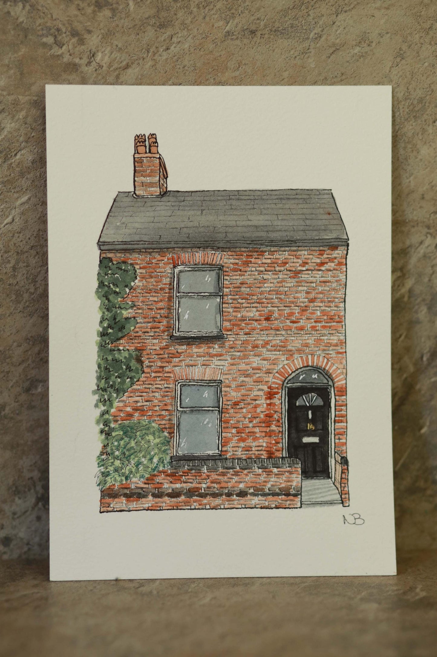 hand painted watercolour painting of a red bricked terraced home