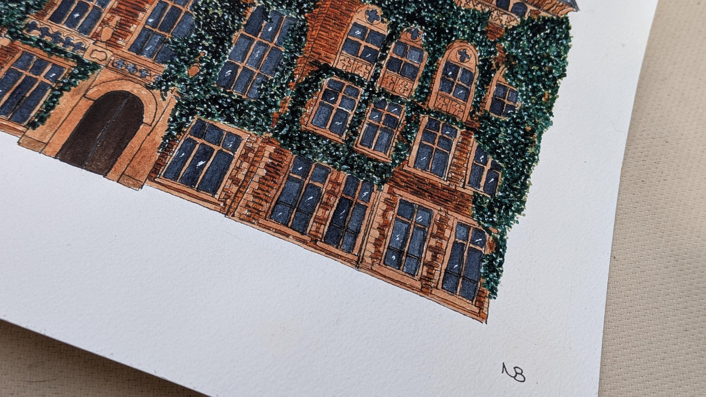 image showing a corner of a watercolour painting of a red bricked building
