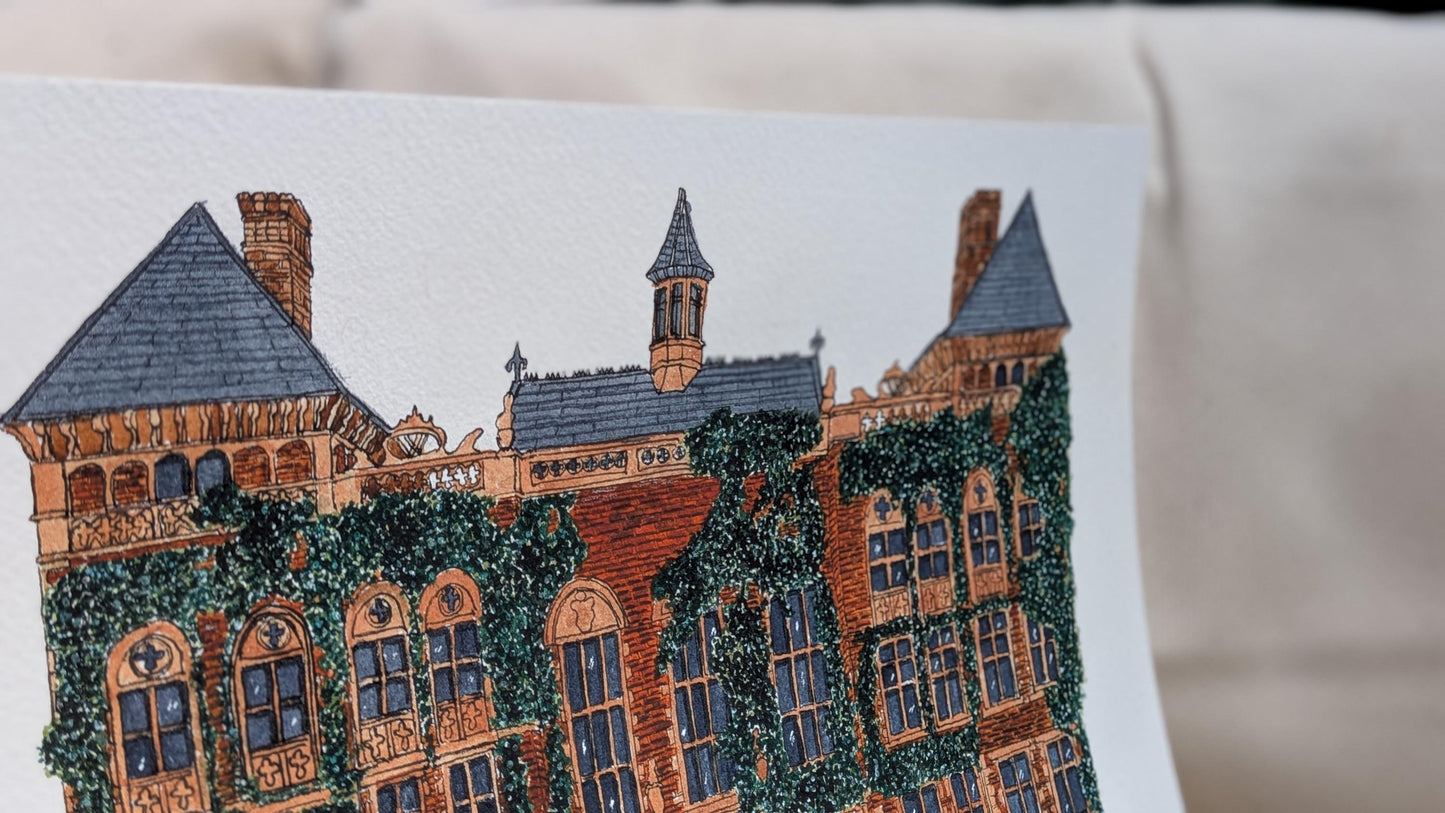 large red bricked wedding venue watercolour painting