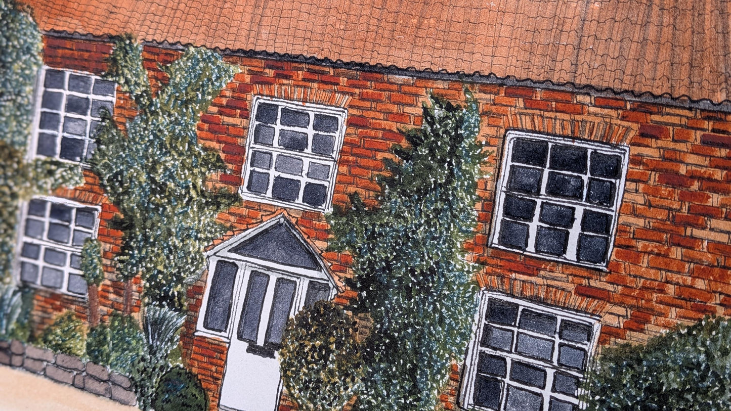 watercolour painting of a red bricked wedding venue