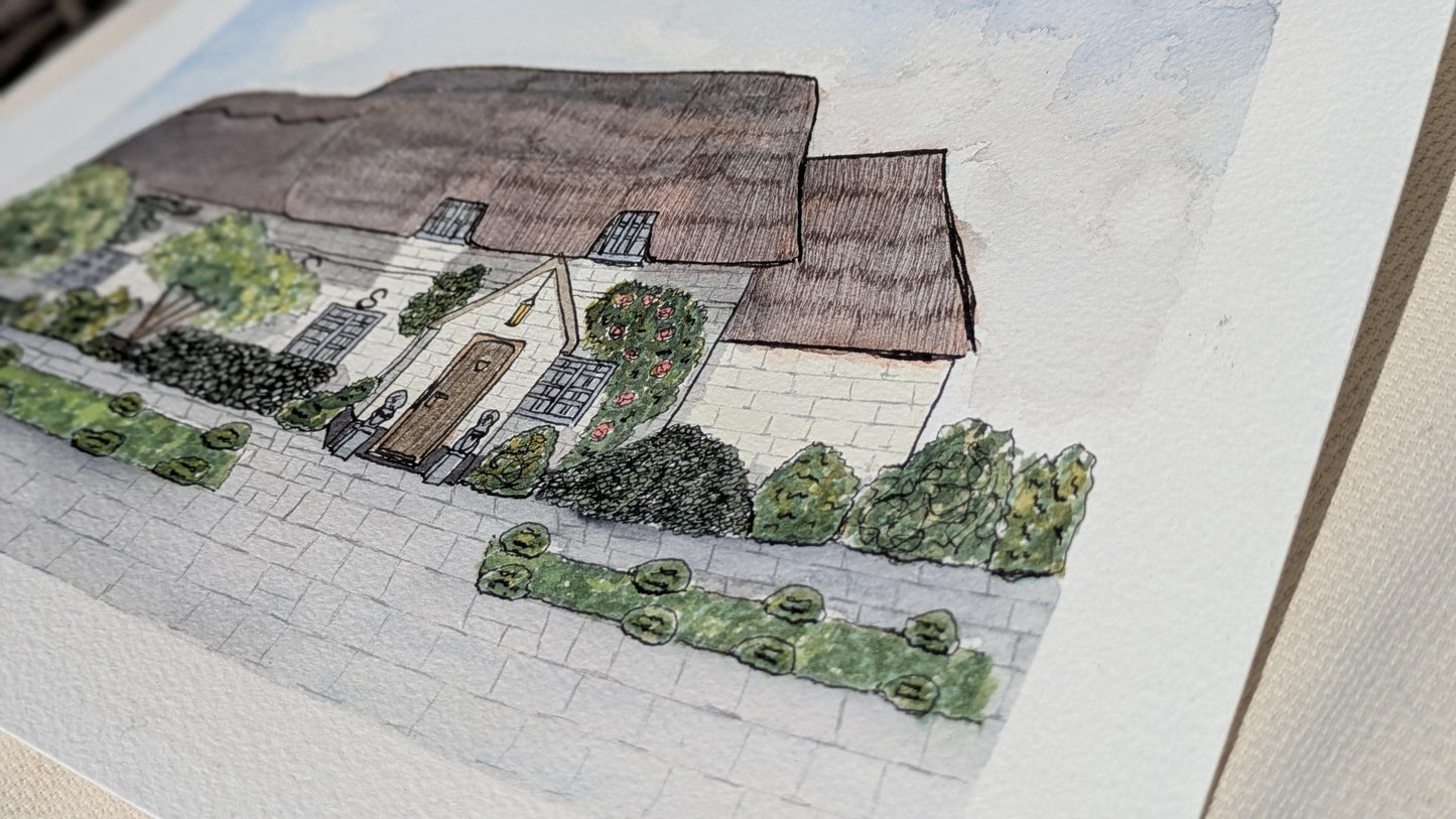 painting of a cottage with a thatched roof