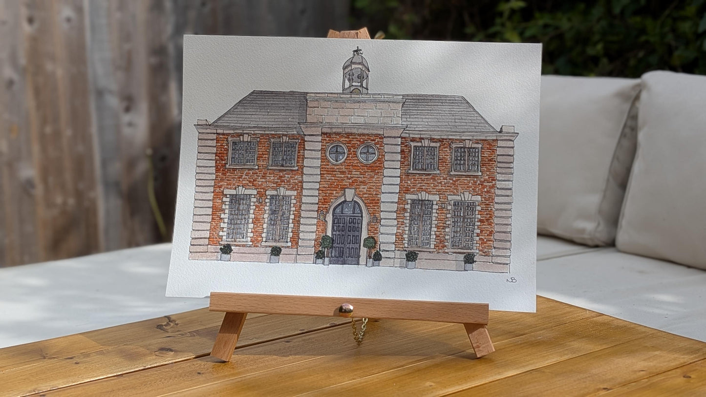 a watercolour painting of a large red brick wedding venue