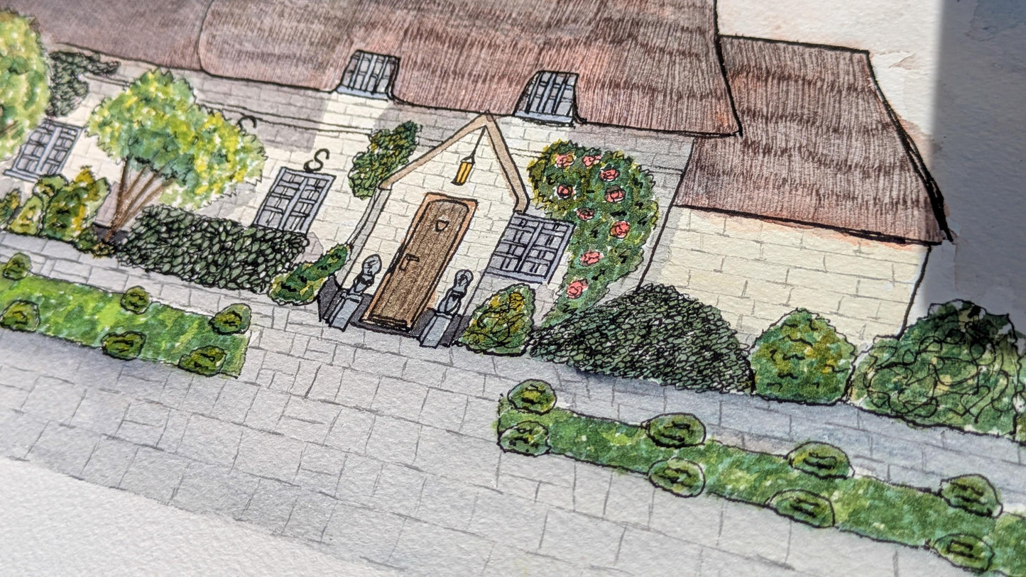 painting of a cottage with a thatched roof