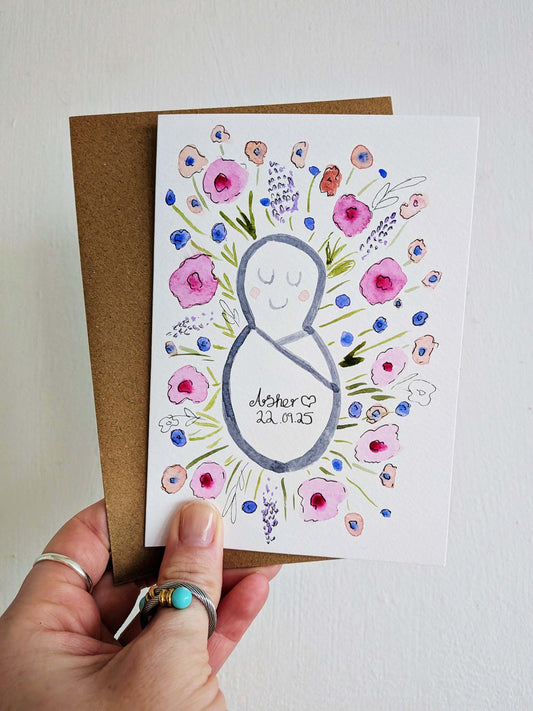Handmade Watercolour Baby Card, Floral Birth Announcement, Custom Keepsake
