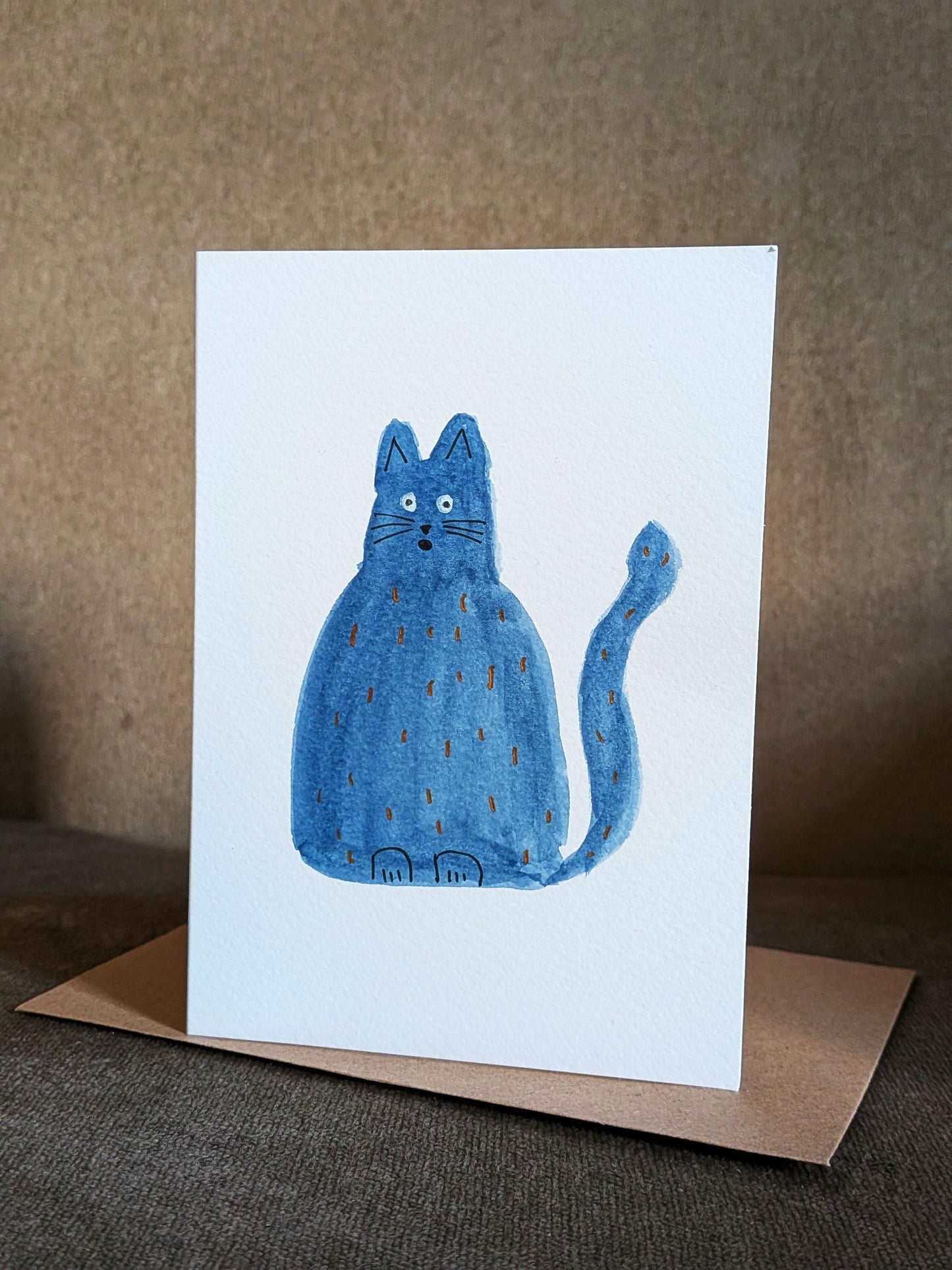 Funny A6 Blue Cat Greeting Card - Unique Original Hand-Painted Watercolour Card