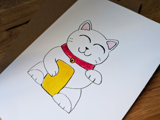 Lucky Waving Cat Card – A6 Printed Greeting Card – Hand Drawn Coloured Pencil Art