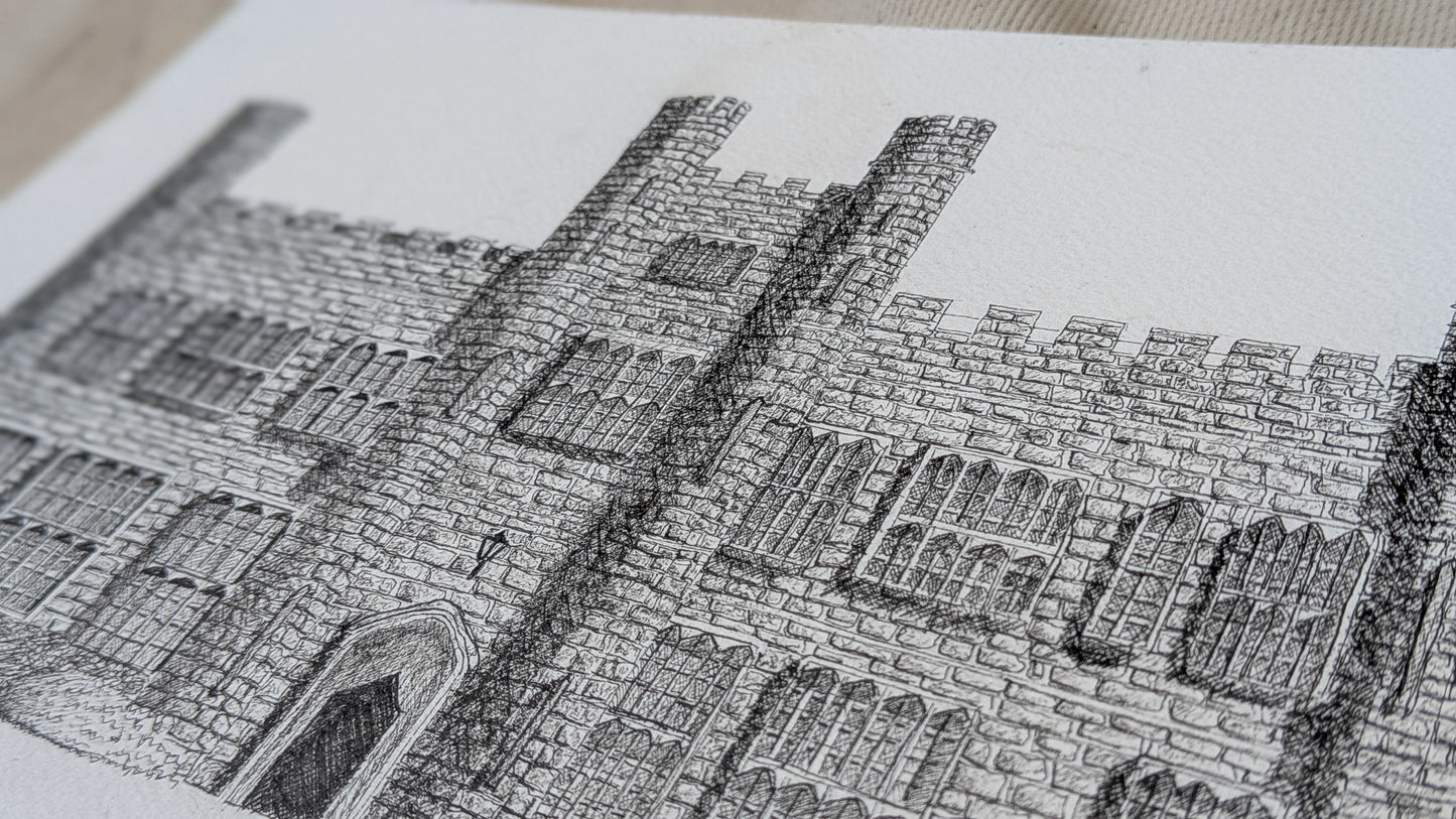 Close-up of a detailed black and white architectural drawing on paper.