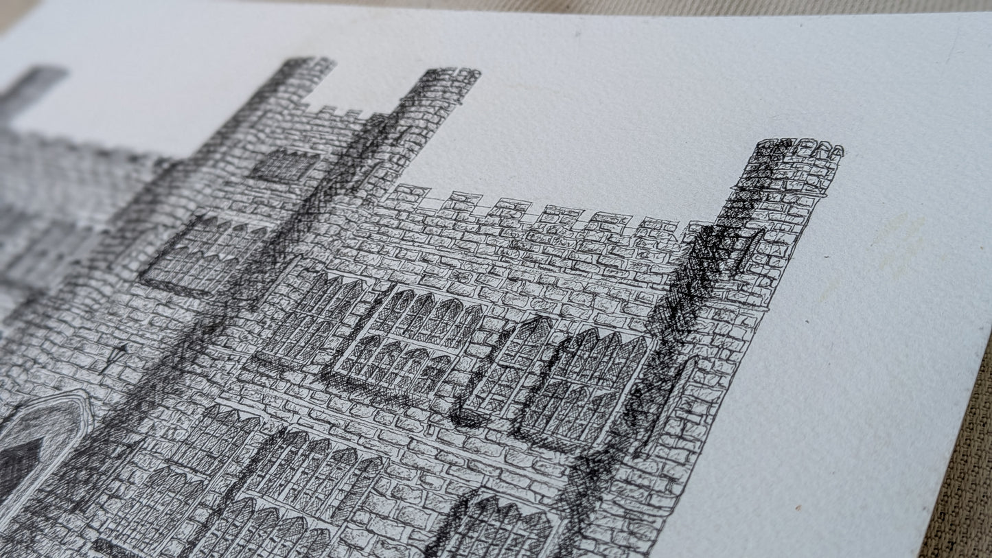 Detailed black and white line drawing of a stone building on a textured surface