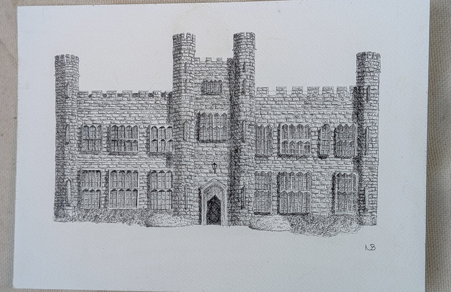 Black and white drawing of a castle on a plain background