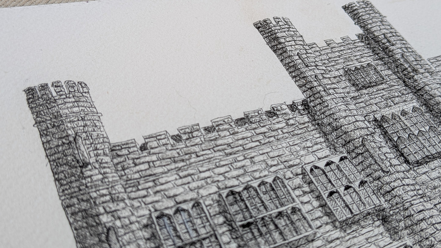 Detailed black and white drawing of a stone wall with towers.