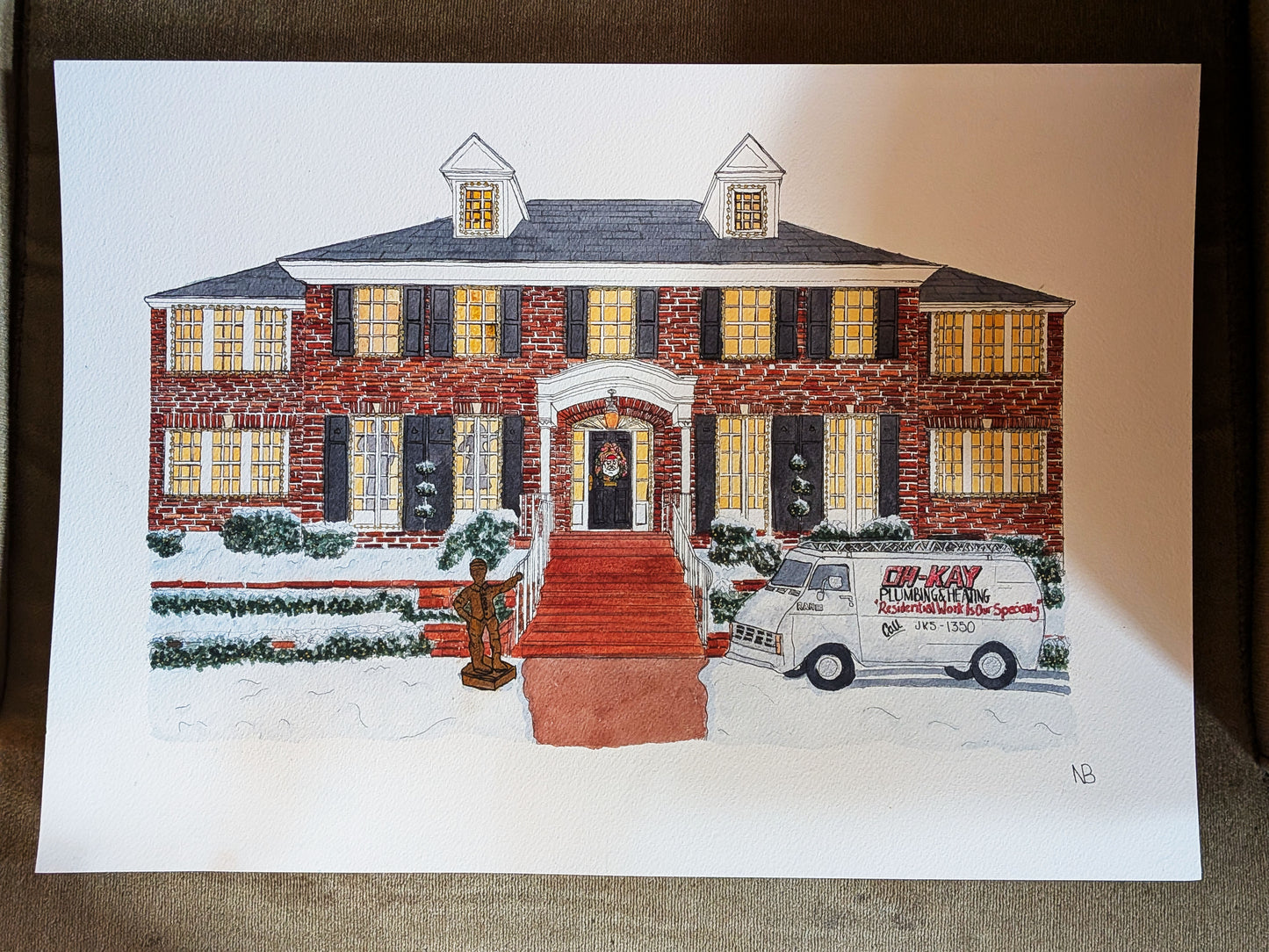 Home Alone House Watercolour Painting (A3 Original) – Ink & Watercolour Christmas Artwork