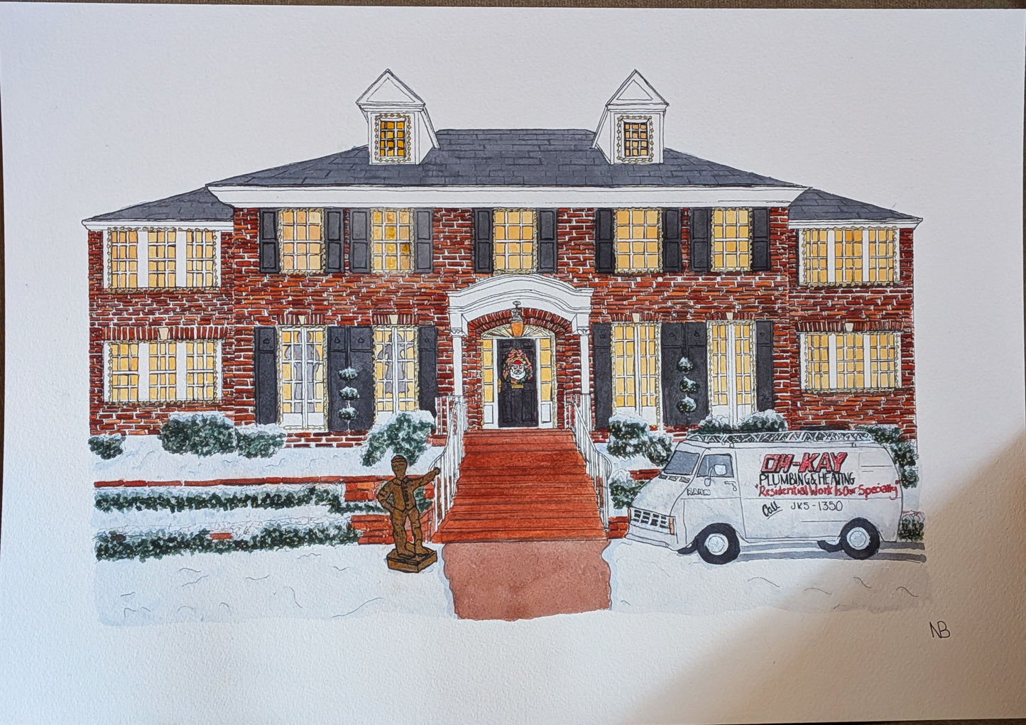 Home Alone House Watercolour Painting (A3 Original) – Ink & Watercolour Christmas Artwork