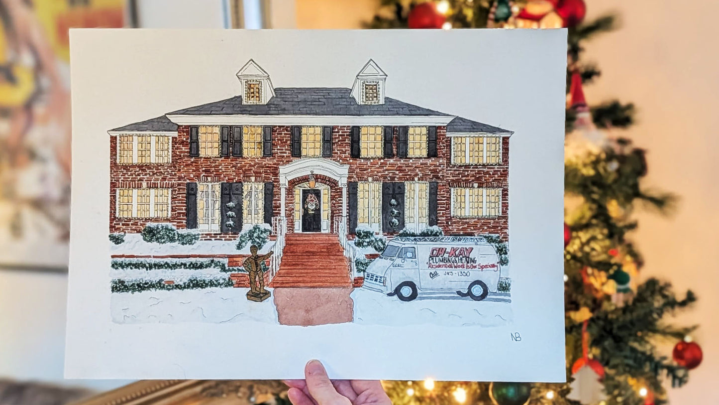 Home Alone House Watercolour Painting (A3 Original) – Ink & Watercolour Christmas Artwork