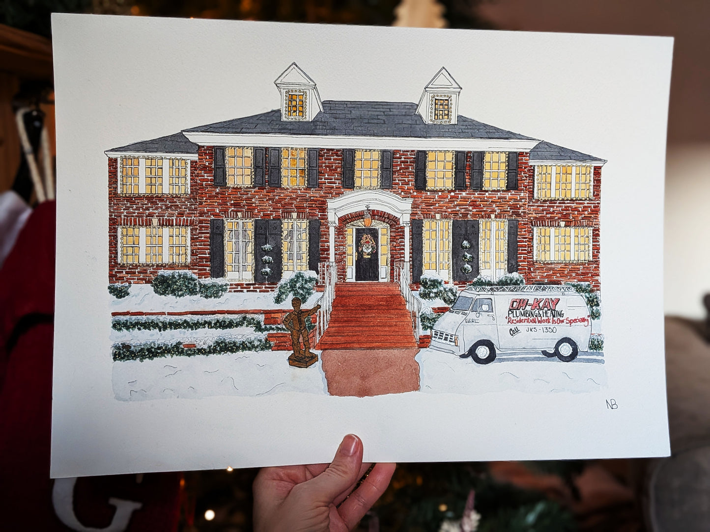 Home Alone House Watercolour Painting (A3 Original) – Ink & Watercolour Christmas Artwork