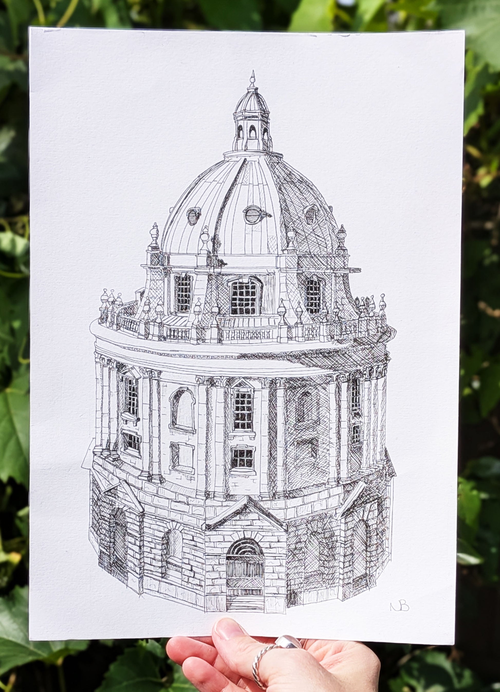 Black and white architectural drawing of a domed building held against a green leafy background