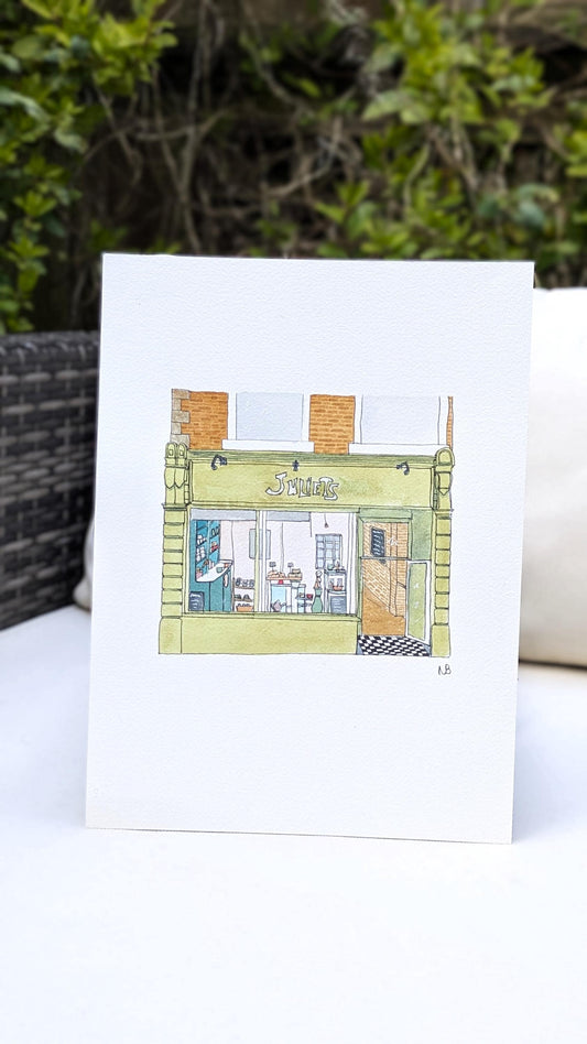 Juliets Cafe Painting, Tunbridge Wells, Hand-Painted Watercolour Painting, Unique Gift, Home Decor, Green Cafe, British High Street Art