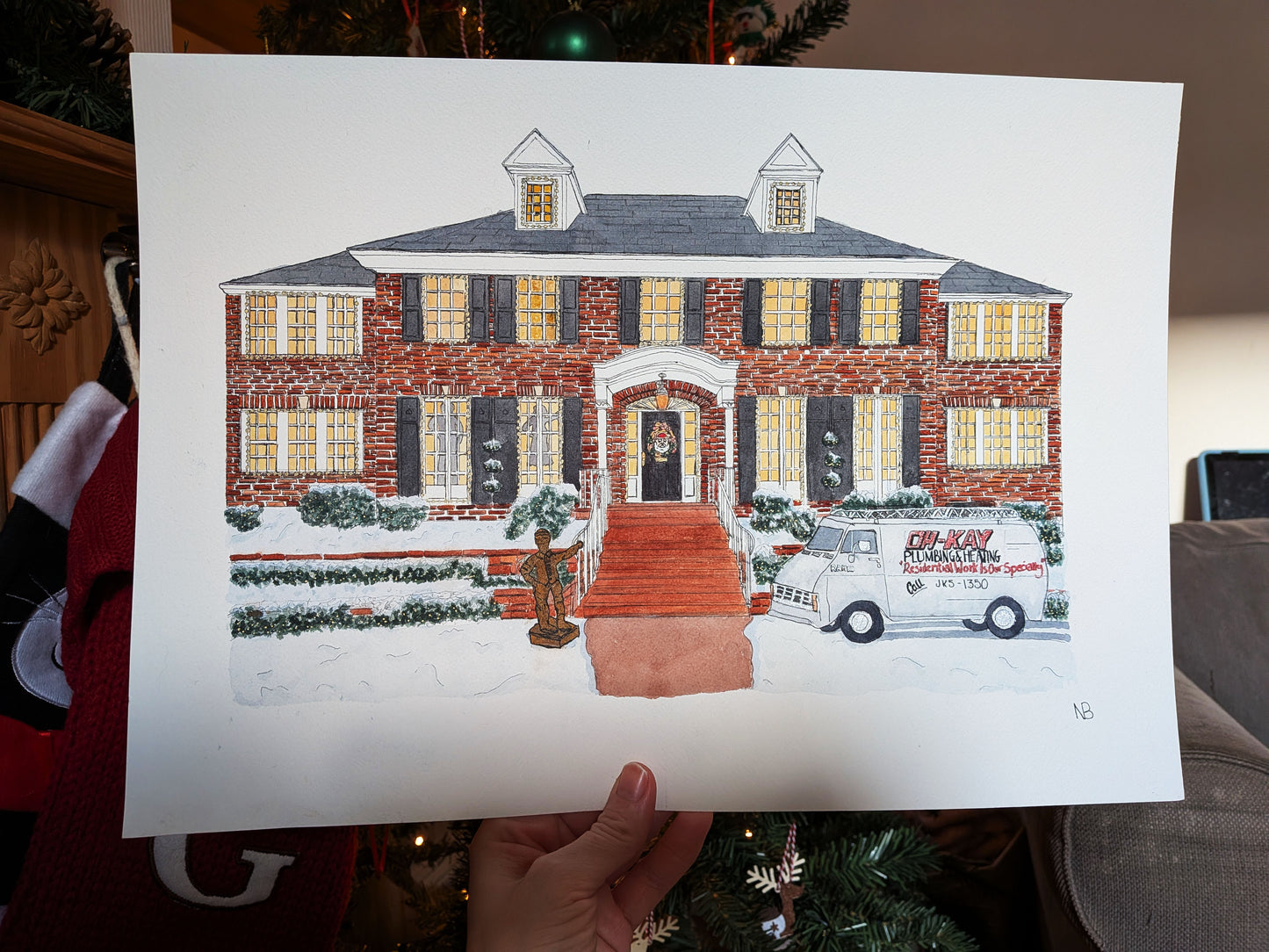 Home Alone House Watercolour Painting (A3 Original) – Ink & Watercolour Christmas Artwork