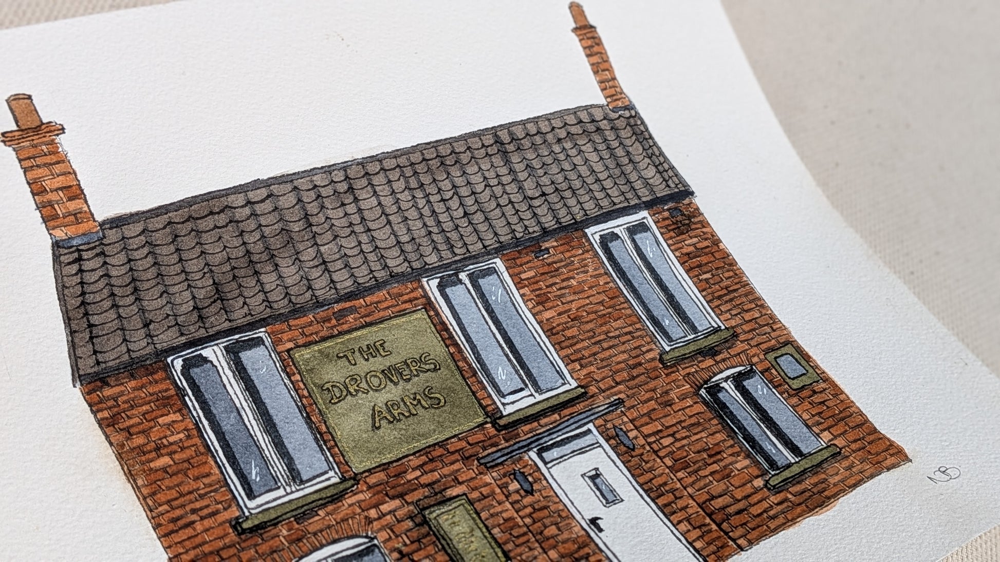 Illustration of a house with a sign reading 'The Drovers Arms' on a white background