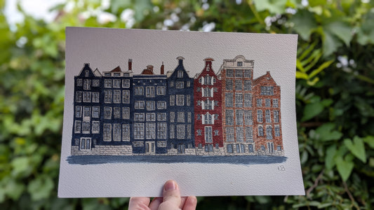 Amsterdam Street Art - Town Houses A4 Original Watercolour Painting