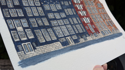 Amsterdam Street Art - Town Houses A4 Original Watercolour Painting