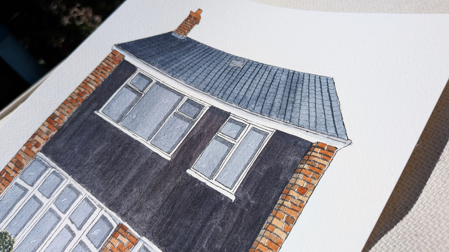 hand painted watercolour painting of a terraced red bricked house with grey roof
