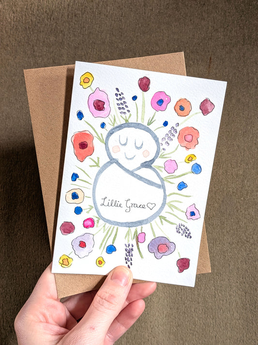 Handmade Watercolour Baby Card, Floral Birth Announcement, Custom Keepsake