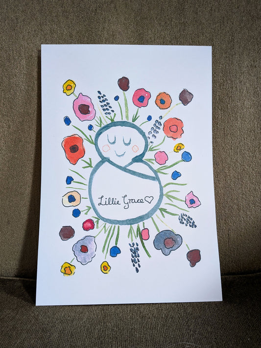 Personalised Botanical Baby Gift Set – Hand Painted Card & Watercolour Nursery Print