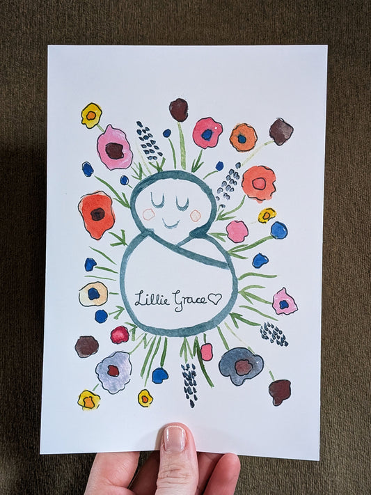 Personalised Baby Name Print – Botanical Nursery Wall Art – Custom Newborn Keepsake – Newborn Watercolour Illustration