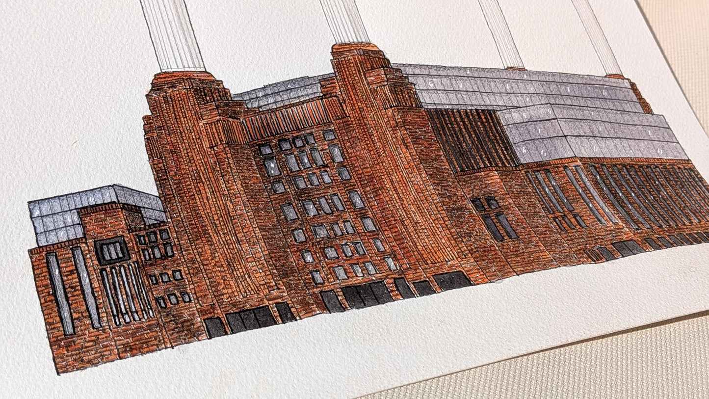 Battersea Power Station – Original A4 Watercolour & Fineliner Architectural Illustration