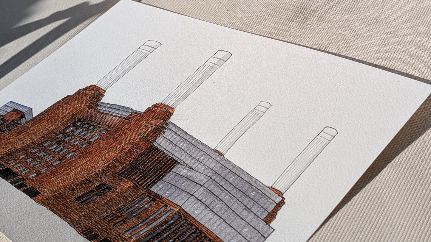 Battersea Power Station – Original A4 Watercolour & Fineliner Architectural Illustration