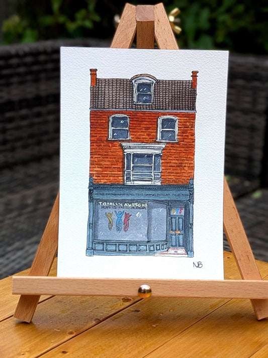  a painting of a toy shop named 'totally awesome toys'