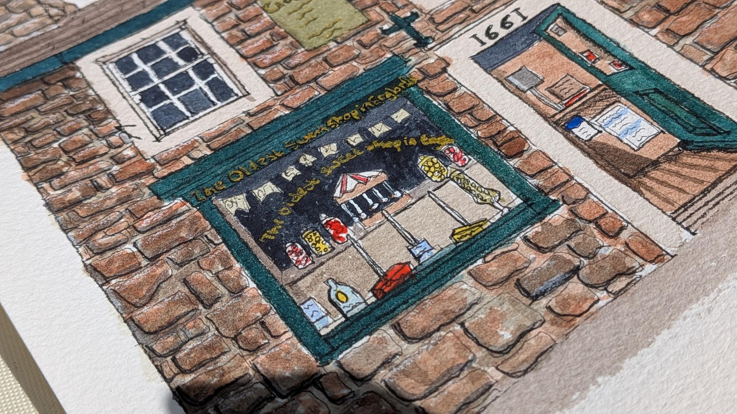 The Oldest Sweet Shop in England, Yorkshire - Original Handmade Watercolour Painting