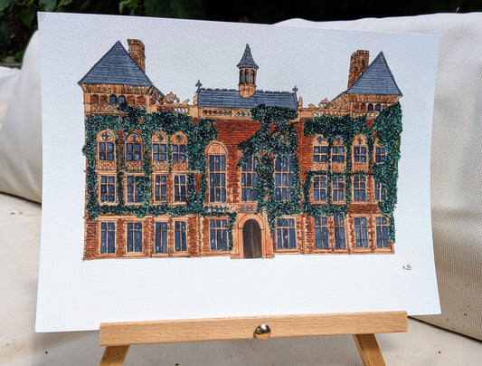 watercolour painting of a large wedding venue with red bricks and covered in ivy