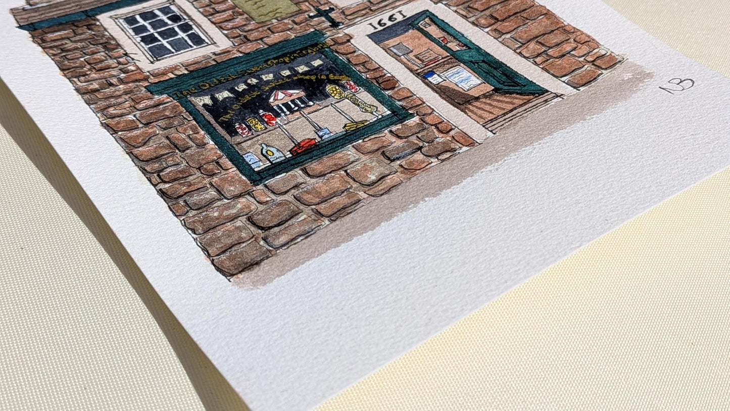 The Oldest Sweet Shop in England, Yorkshire - Original Handmade Watercolour Painting
